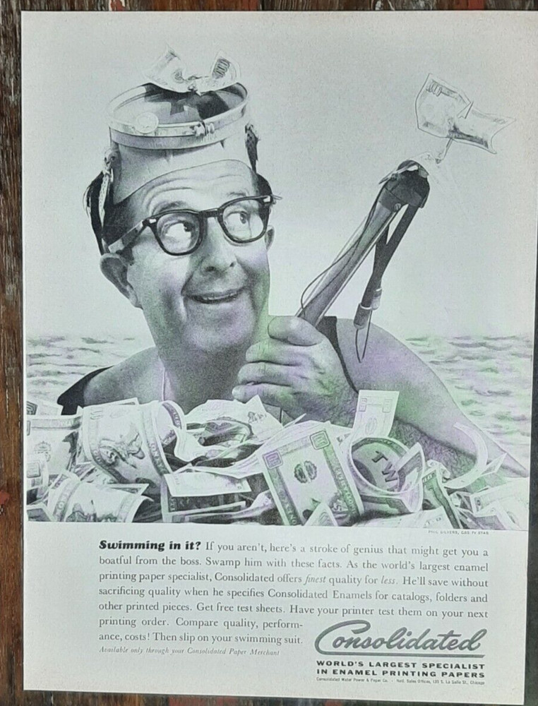 1960 Consolidated Vintage Print Ad Printing Paper Swimming Cash Money Goggles