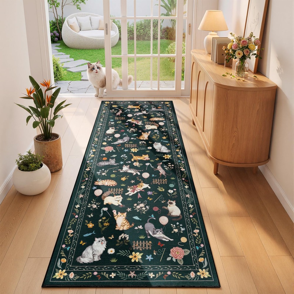 Unirea 2x6 Black Cat Runner Rug, Washable Non Slip Botanical Rug for Hallway,...