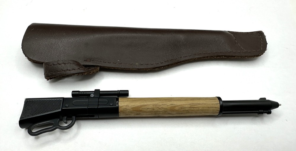 Lever Action Metal Gun Rifle Shaped Ballpoint Pen Wood Stock Leather Holster