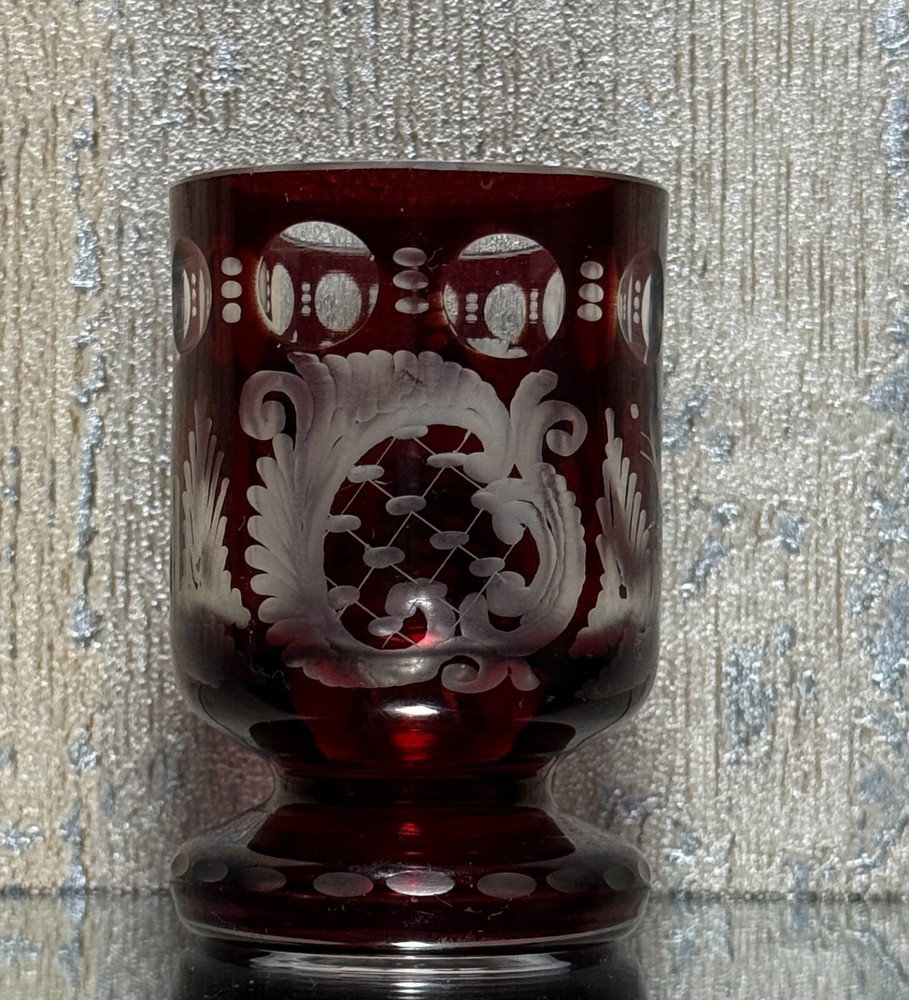 Antique Bohemian Ruby Red Cut to Clear Glass Goblet – Etched Floral & Geometric