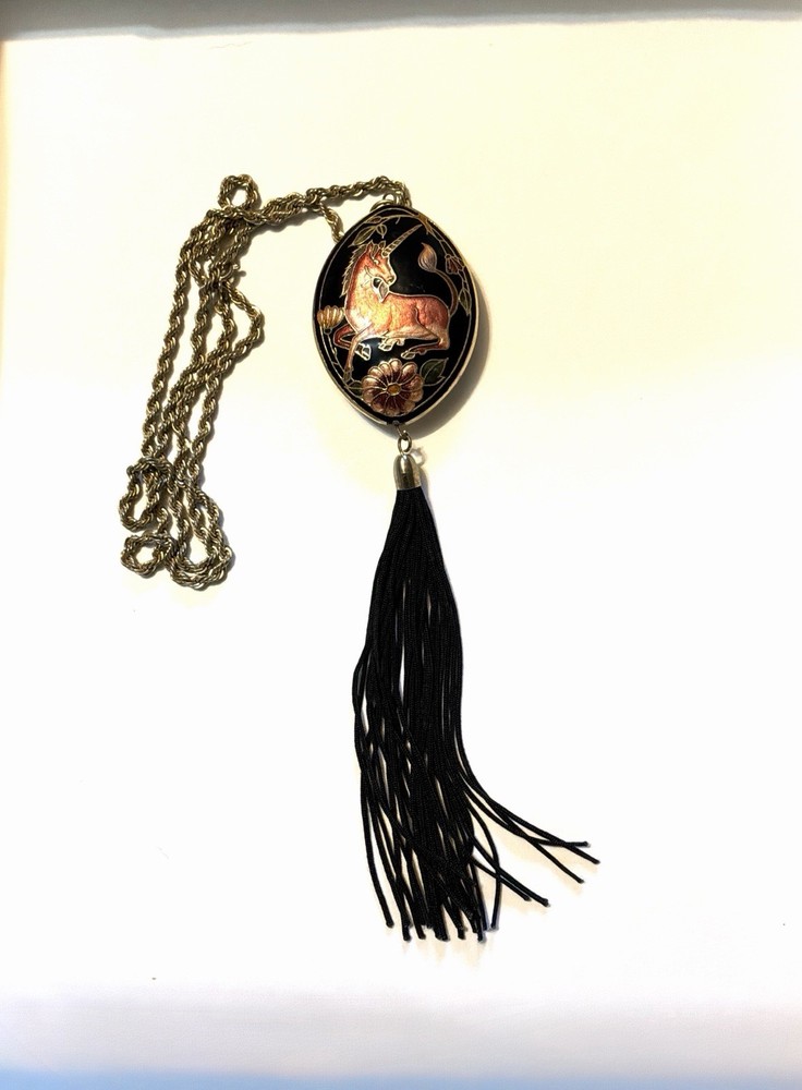 Vintage Double-Sided Cloisonné  Unicorn Pendant 2” Necklace 24”Tassel 4 1/2