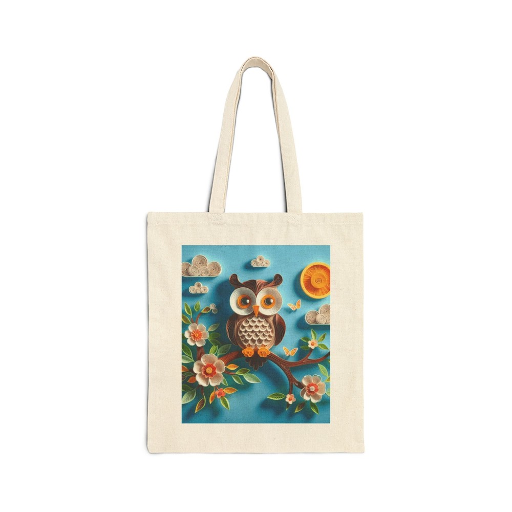 Cotton Canvas Tote Bag 3D Owl Sitting on a Branch Design 3, Gift Everyday