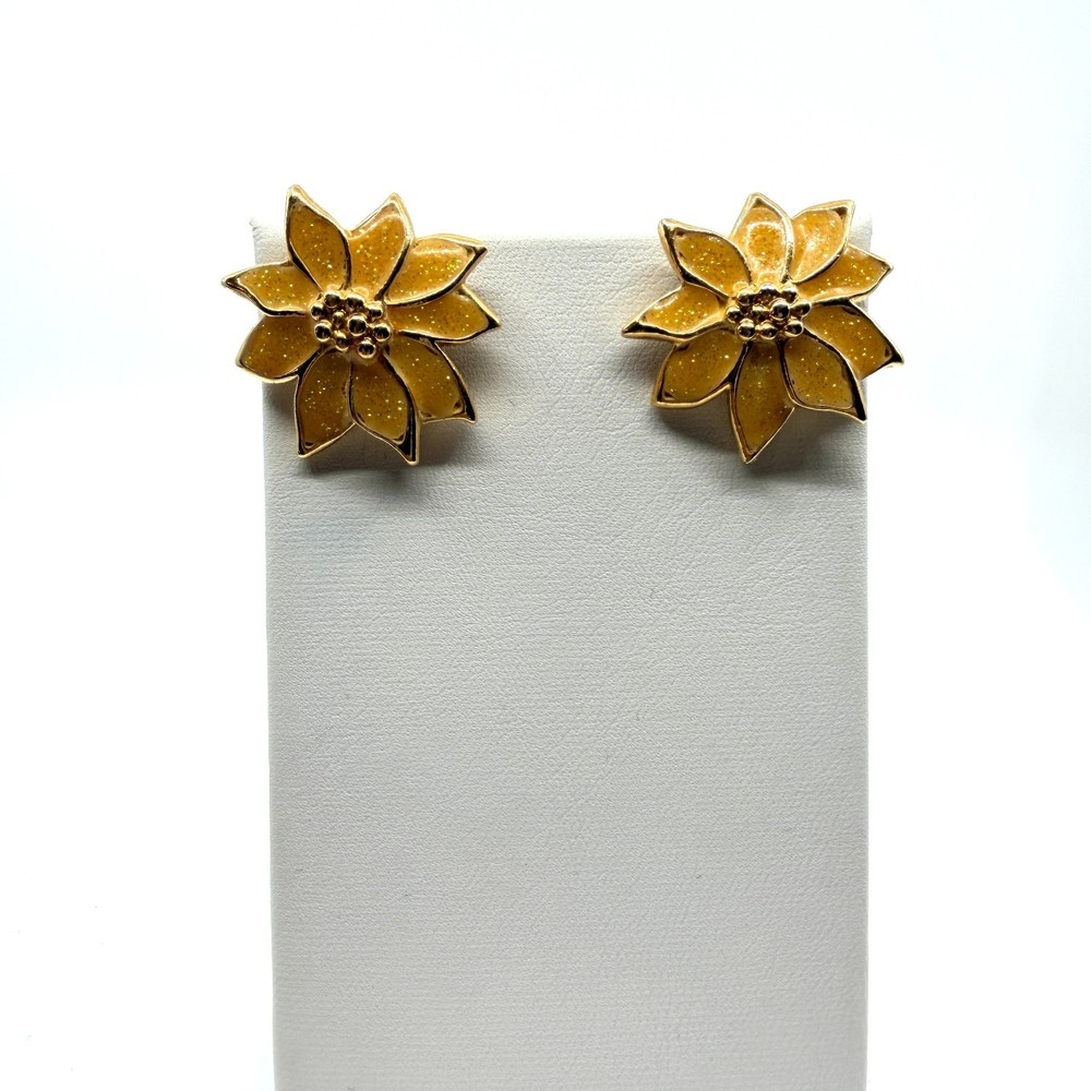 Vintage Gold Tone Yellow Enamel Glitter Poinsettia Flower Stud Earrings Retro