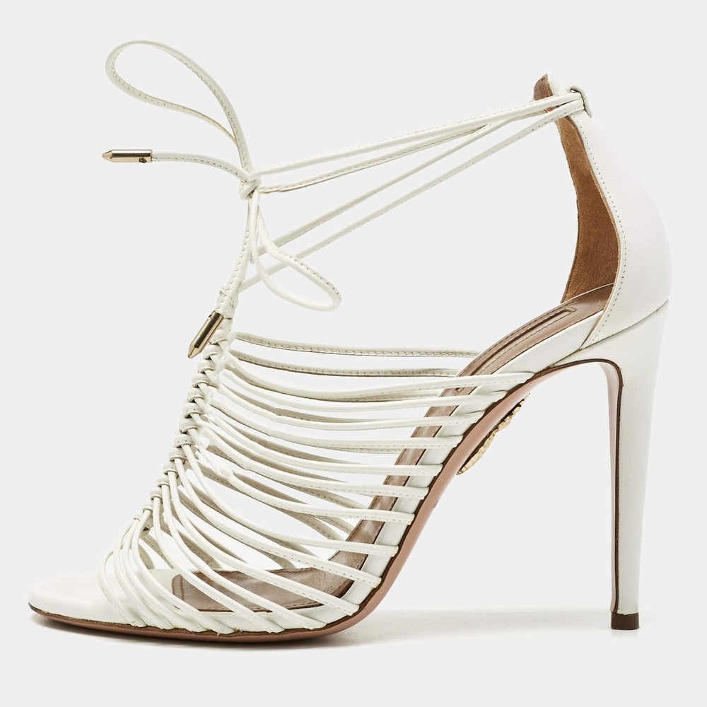 Aquazzura White Leather Nadja Strappy Ankle Wrap Sandals Size 37.5
