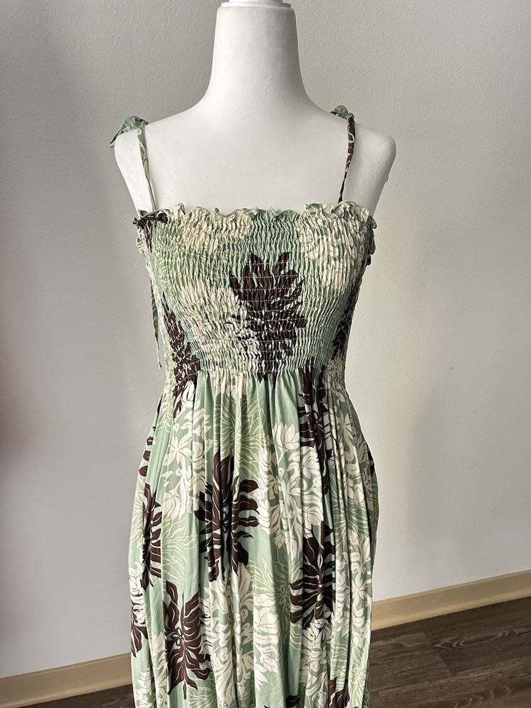 VTG Island Aloha Wear Green Floral Dress Cover Up Beach Vacation 90s Y2K
