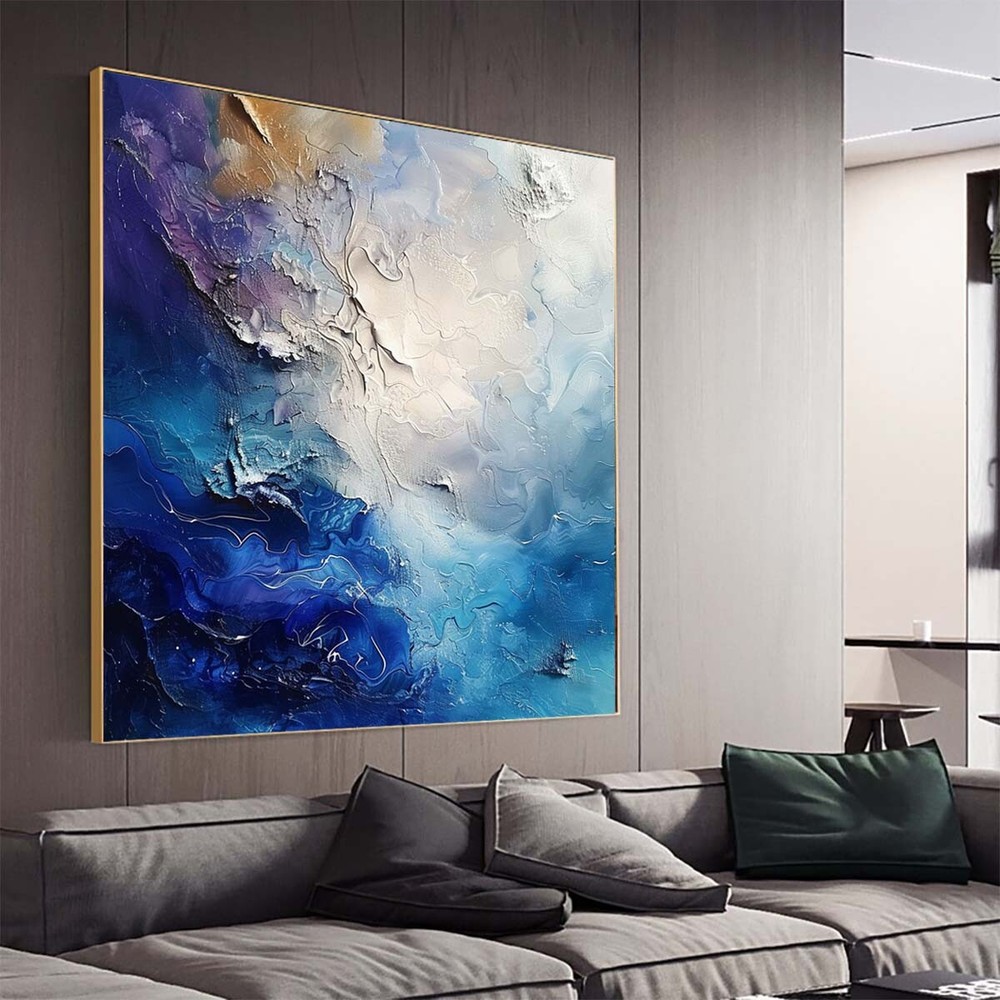 blue sea Modern Handmade Abstract Oil Painting on canvsa Living Room Gray
