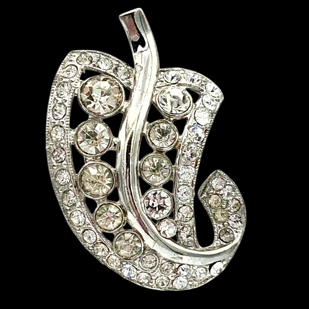 Vintage Rhinestone Swirl Leaf Brooch Silver Tone Midcentury Sparkle Pin 2