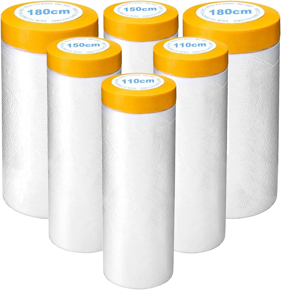 6 Pack Protective Masking Film with Tape 3.6/5/6 X 65 Ft Car Painters Plastic...