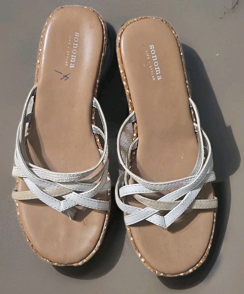 Sonoma Womens 5 Sandals White Leather Strappy Wedge Cork Platform Shoes Dress