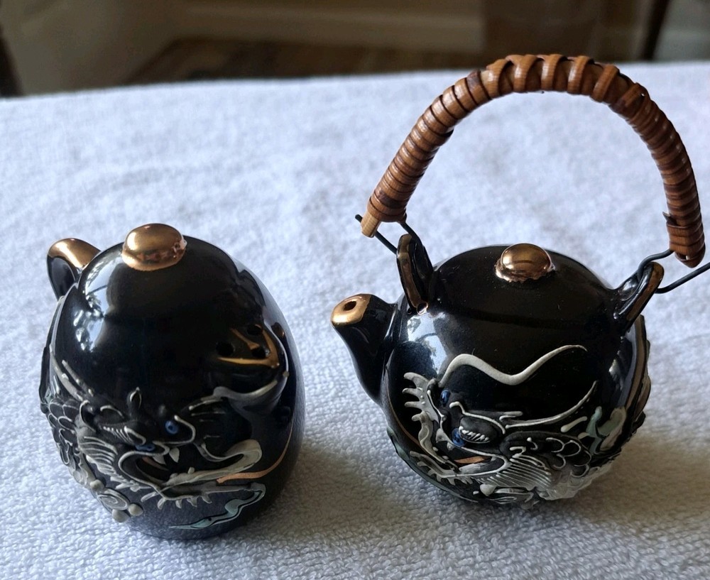 Vintage Japanese Moriage Dragon Salt and Pepper Shakers 3D Dragon Handpainted