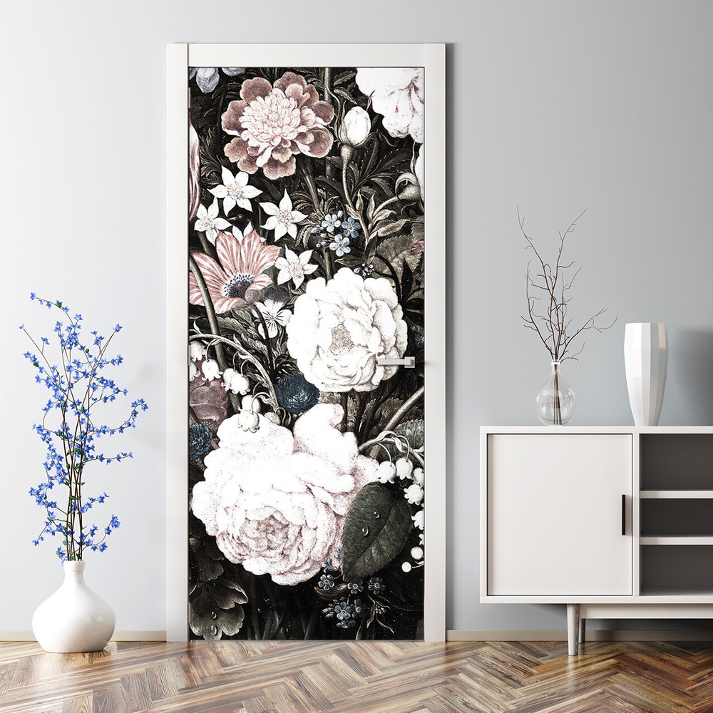 Vintage Floral Bubble Free dark Door Decal Reusable self adhesive wallpaper