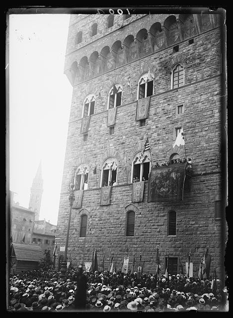 Photo:Florence Italy 1917-1920 Palazzo Vecchio crowd balcony flags