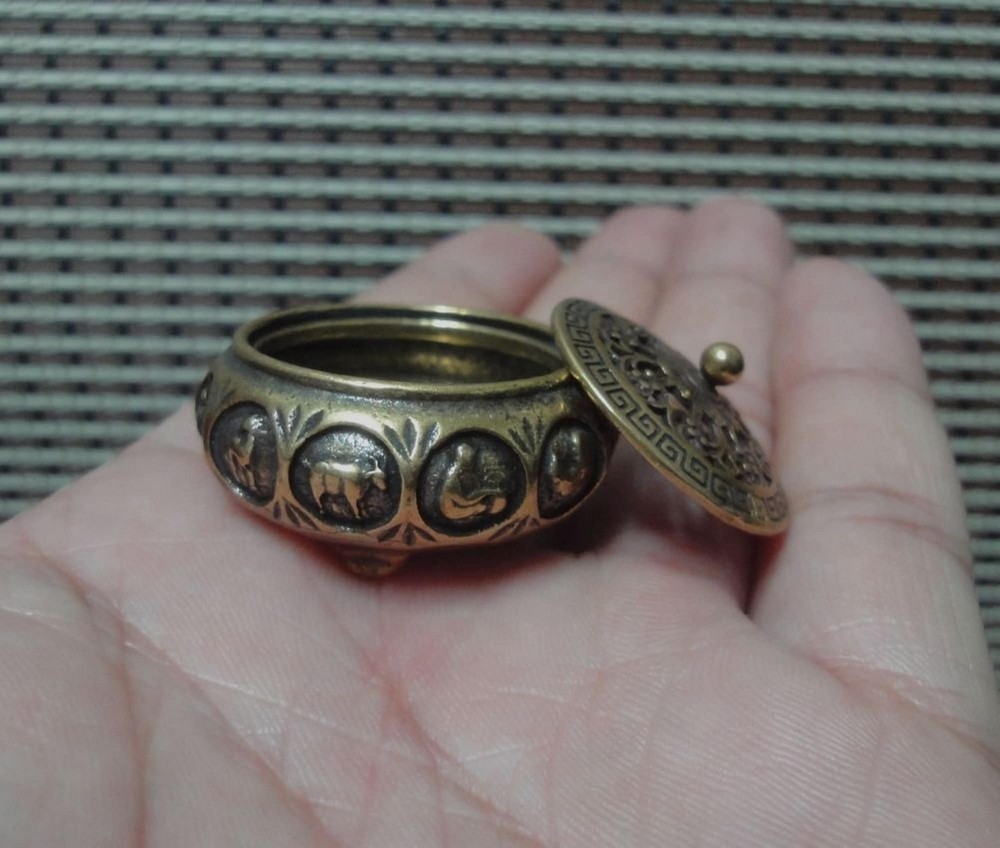 Small Brass Incense Burner Chinese 12 Zodiac Animals Cover Vintage Style Censer