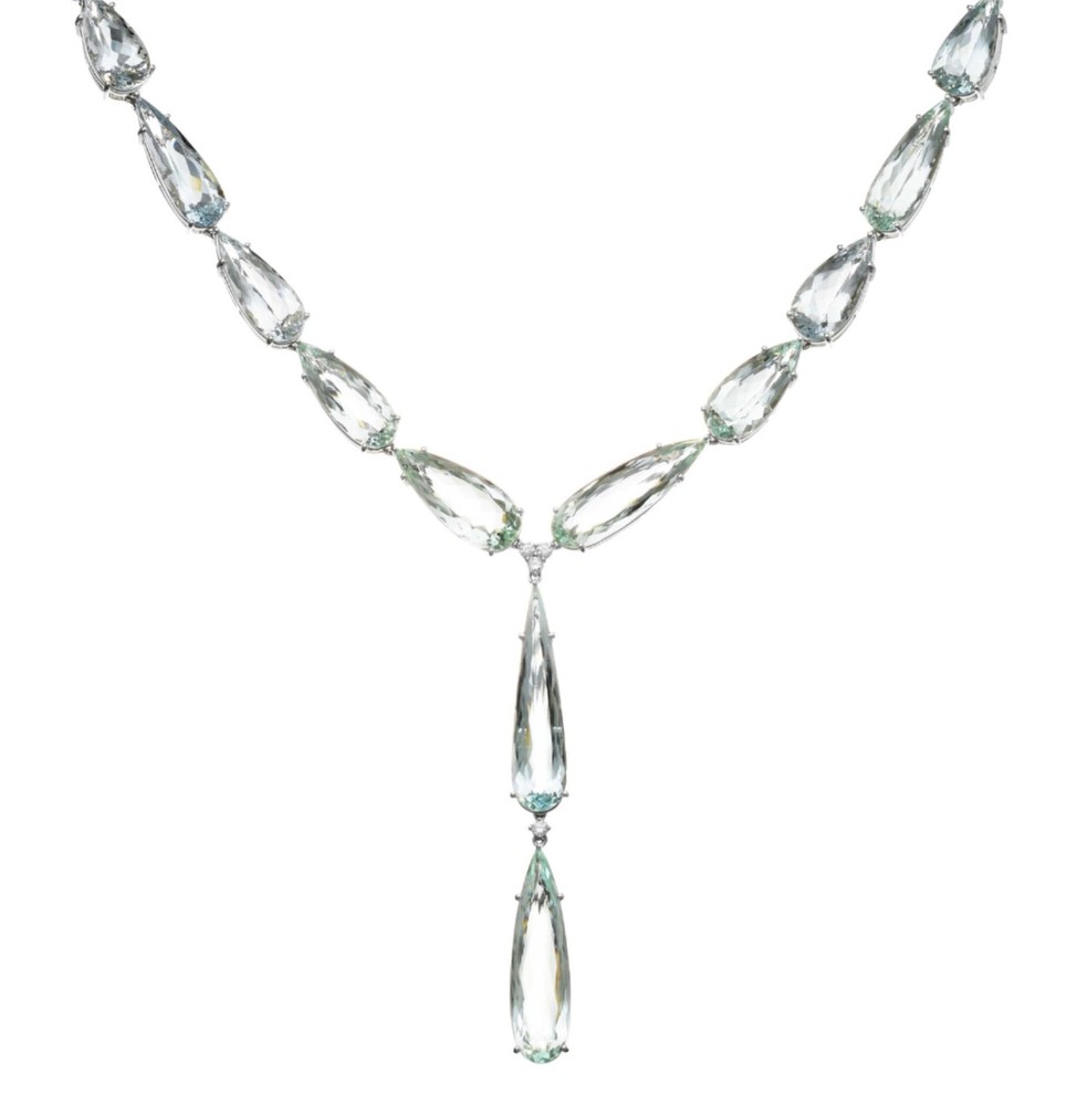 Large 126.38Ct Diamond & Aaa Aquamarine 18K White Gold Double Tear Drop Necklace