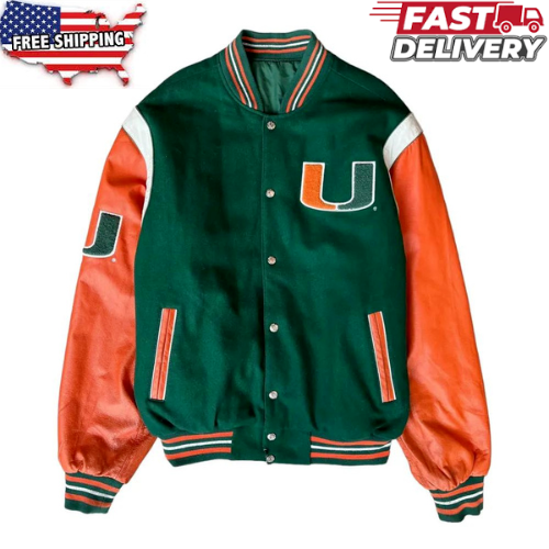 Men's Miami Hurricanes 90’s Green and Orange Varsity Wool/Leather Men Jacket