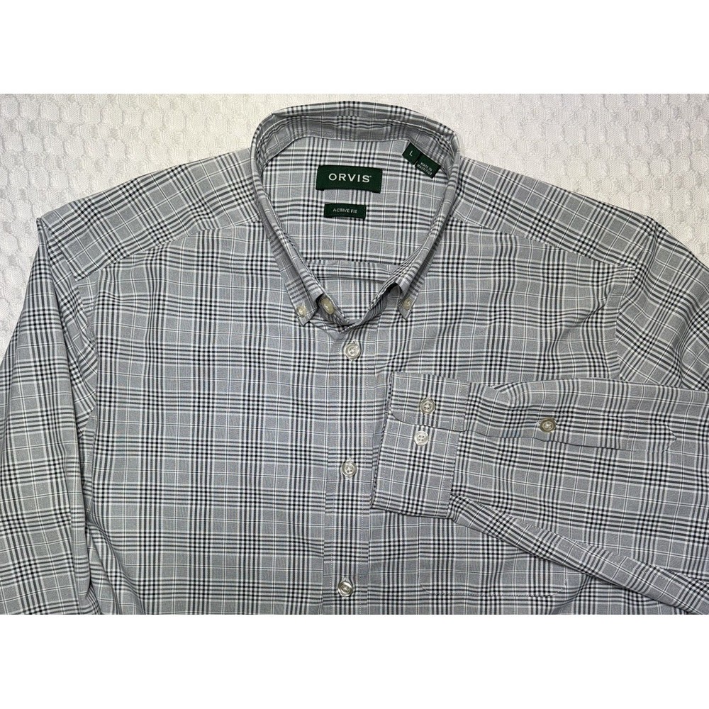 Orvis Men's Button Down Shirt Large Gray Plaid Long Sleeve Active Fit Cotton