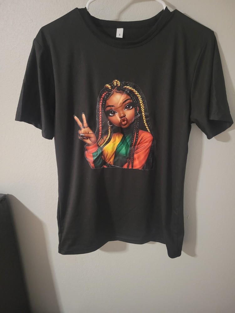 Black Graphic Jersey T-Shirt With Peace Print, Crew Neck, Short Sleeve, Unisex S