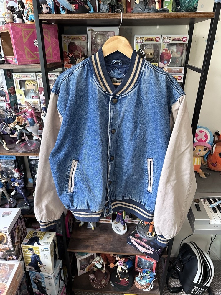 Vintage Mansfield Denim Blue Tan Varsity Jacket Bomber Men’s M