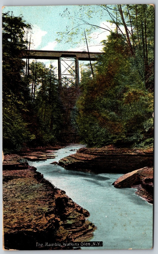 The Ramble Watkins Glen NY Bridge View Scenic ANTIQUE Postcard 9110