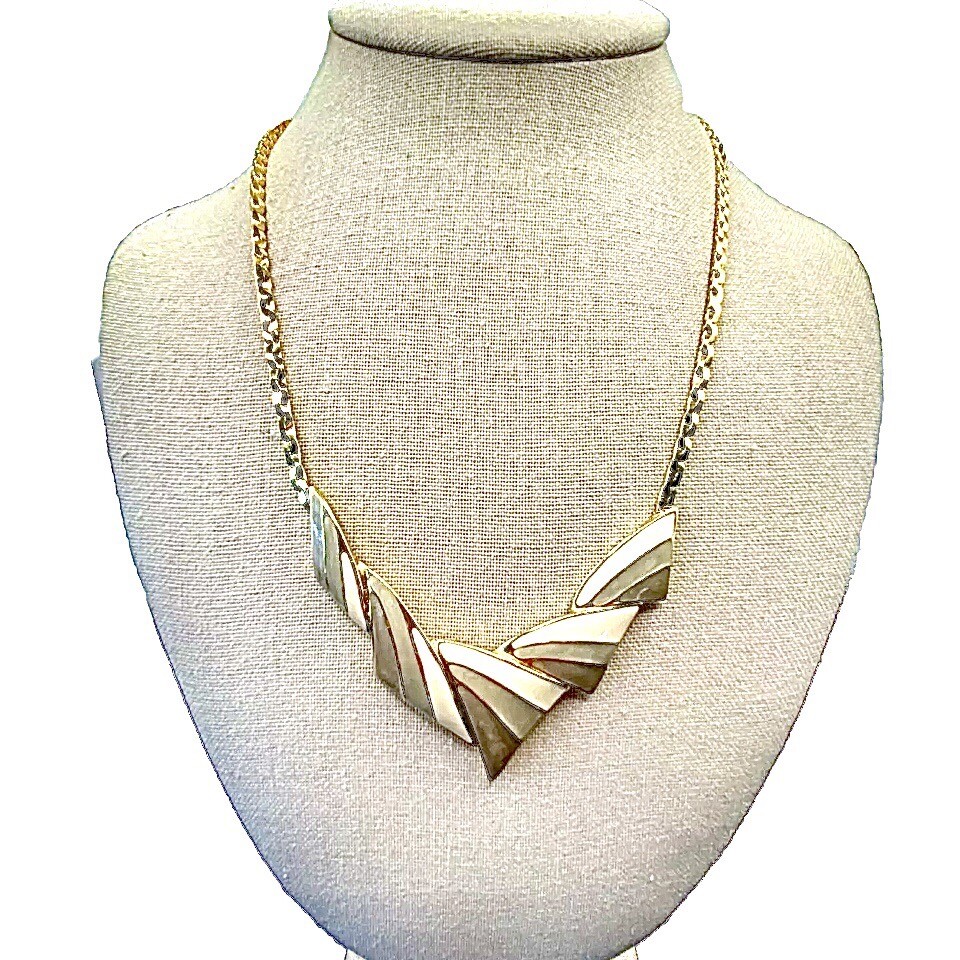 Vtg Rare Trifari GoldTone Necklace Enamel Choker Bib Tri Color Estate Shiny Y