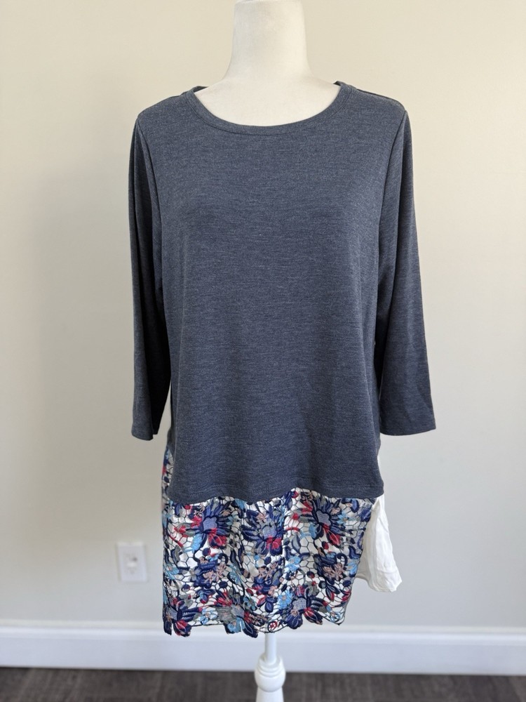 LOGO Lori Goldstein Women’s Gray Floral Lace Hem 3/4 Sleeve Tunic Top Sz L