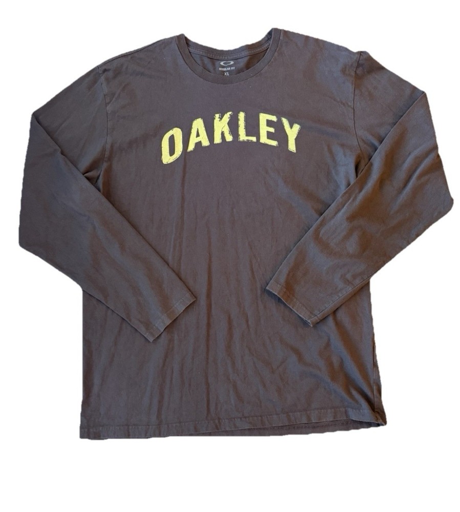 Oakley Long Sleeve Shirt XL Brown Spell out Regular Fit Logo Skate Y2K Vintage