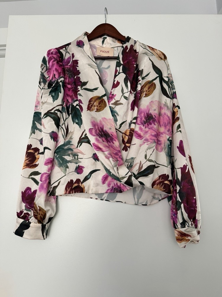 FIGUE Women’s Floral V-Neck Long Sleeve Pullover Blouse Top Multicolor M