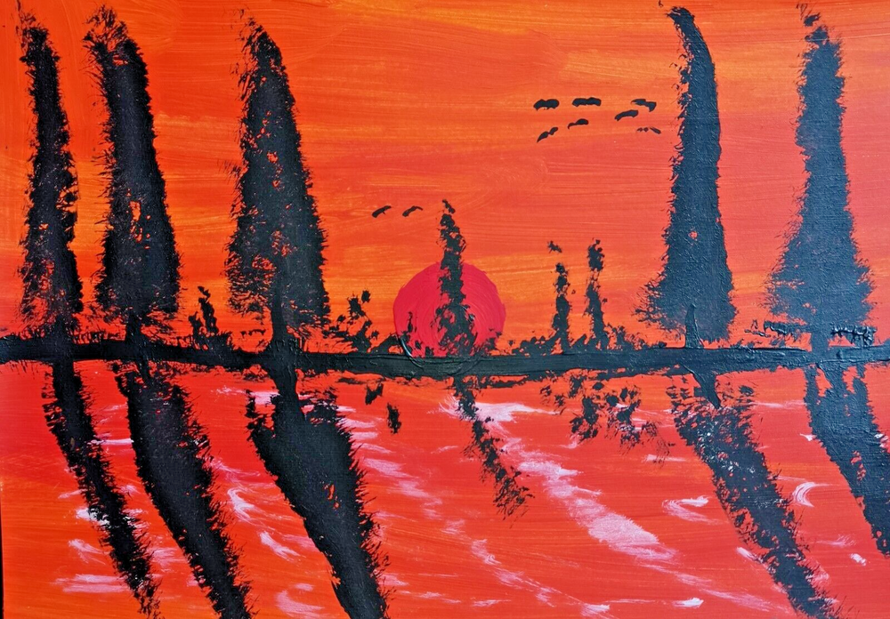 Unique painting tree landscape acrylic on paper approx. 21x30cm original