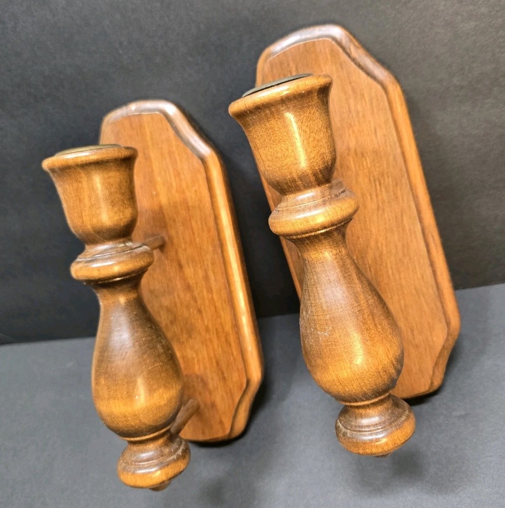 Vintage Colonial Wood Wall Sconce Candle Holders Pair Wooden Rustic Decor 8