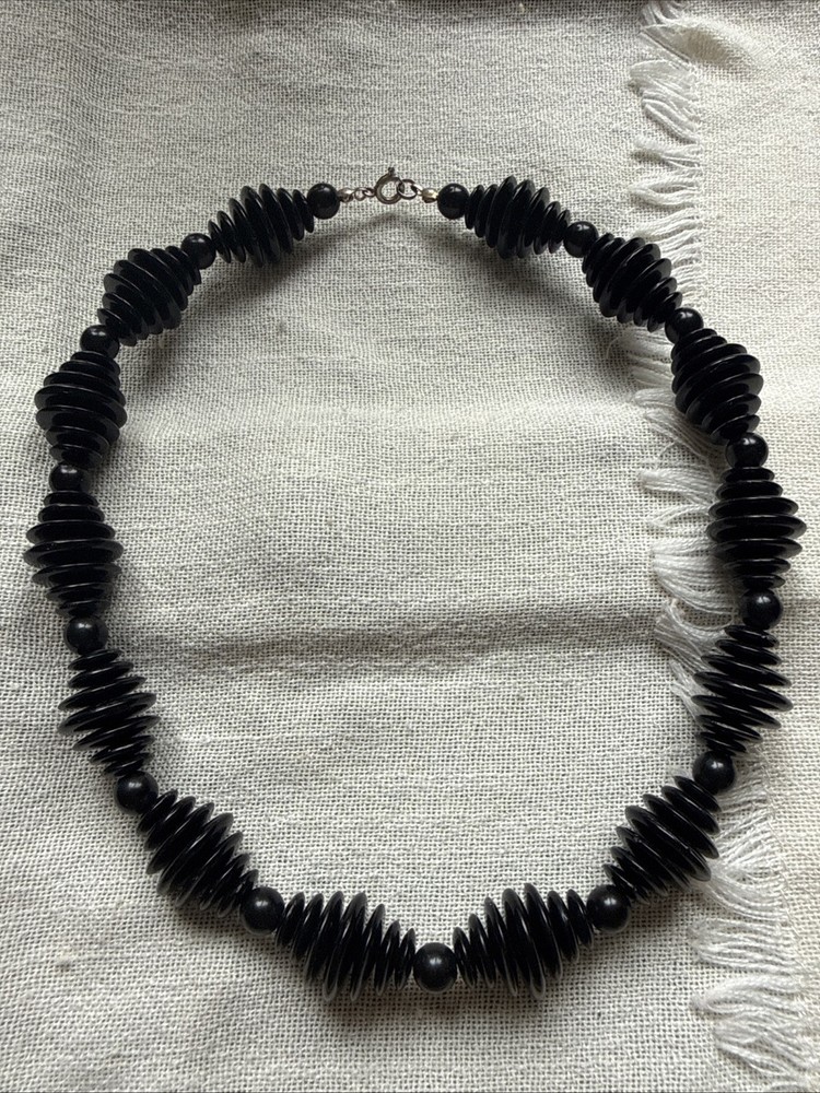 #3 Vintage Black Disc Bead Statement Necklace Geometric Modernist Jewelry