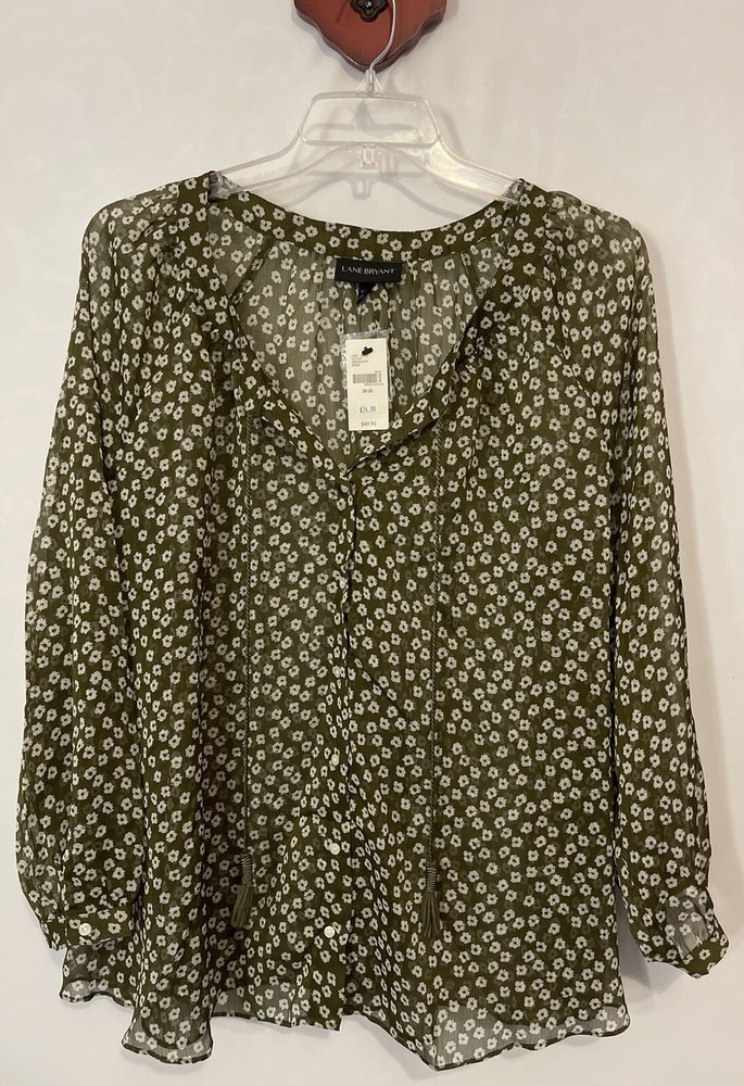 Lane Bryant Women’s Size 18/20 Green Floral Button-Up Sheer Blouse NWT! M648