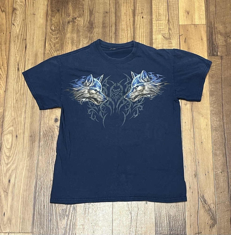 Vintage Y2K Navy Blue Tribal Wolves Shirt/ Sz: Medium