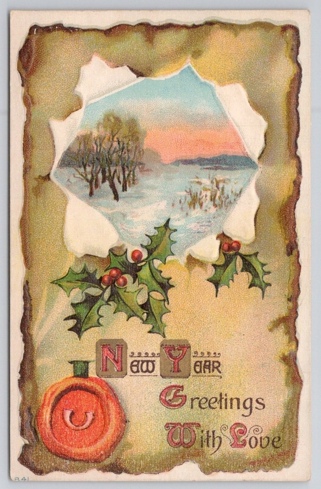 1911 Embossed New Year Postcard Winter Scene Holly Wax Seal Posted PA