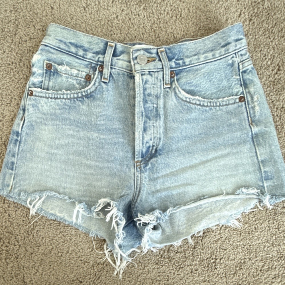 AGOLDE High Rise Cut Off Denim Shorts Light Wash Frayed Hem Women's Size 23