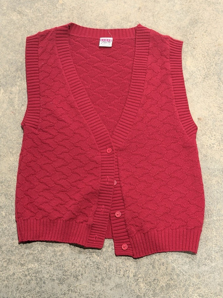 Vintage Garan Red Solid Knit V-Neck Button Front Sleeveless Sweater Vest Womens