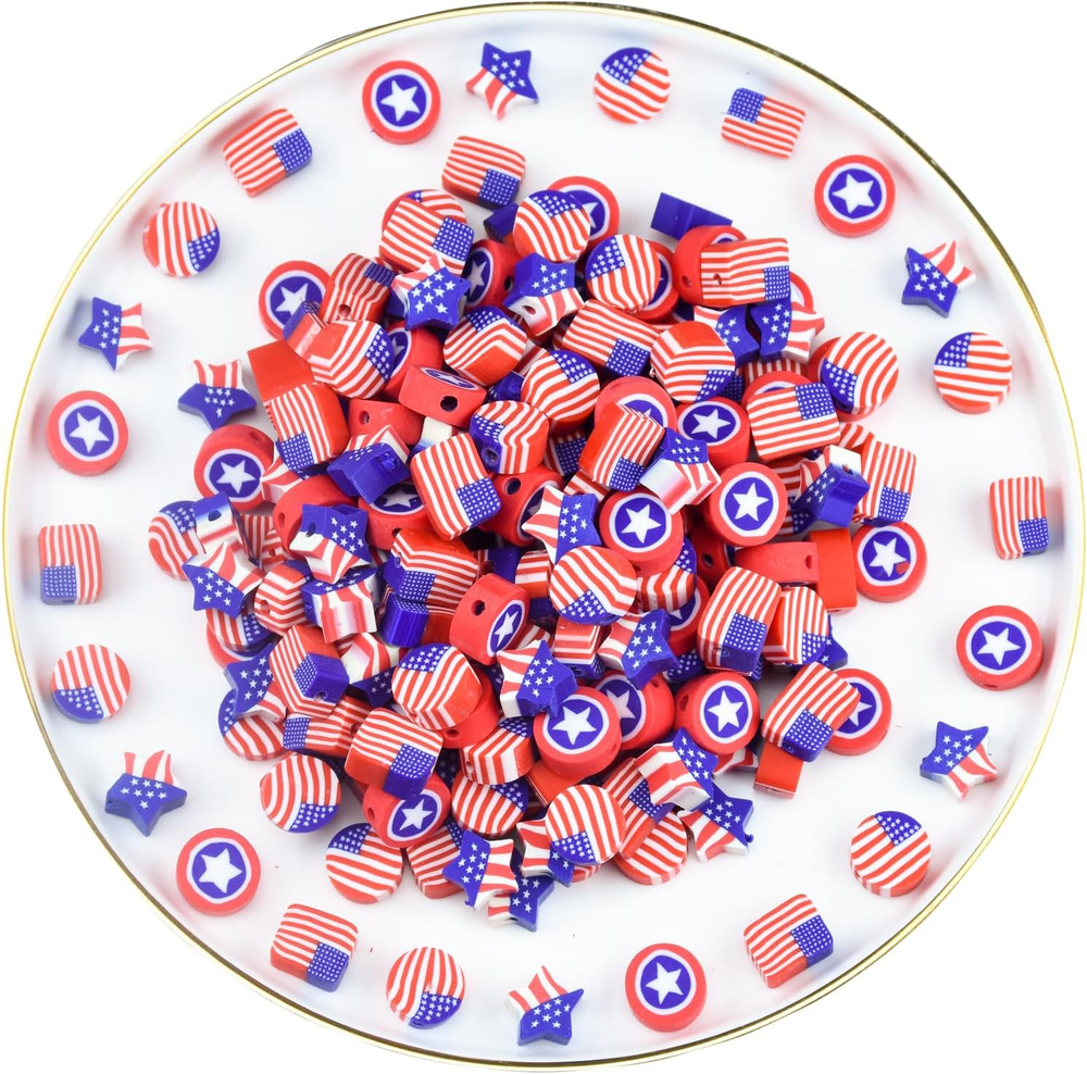 300Pcs Patriotic Red White Blue Polymer Clay Beads in Box for 4th of July Crafts