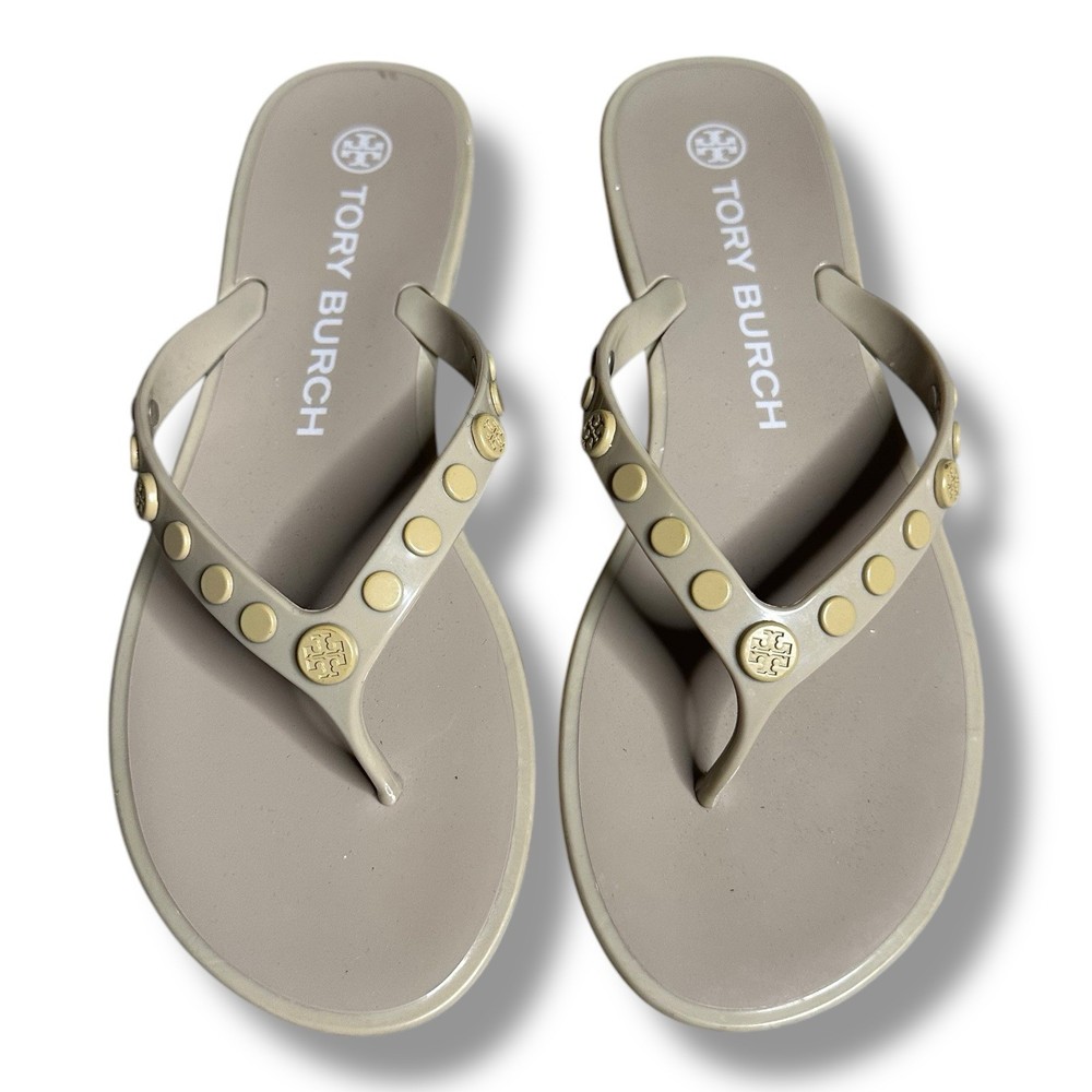 Tory Burch Flip Flops Sz 7 Studded Jelly Cream Tan Sandals Flats Pool Beach