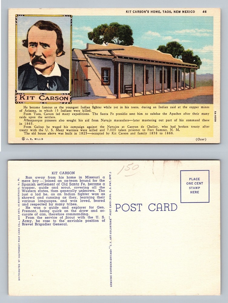 Taos, NM-New Mexico, Kit Carson Home and Portrait Drawing View Vintage Postcard
