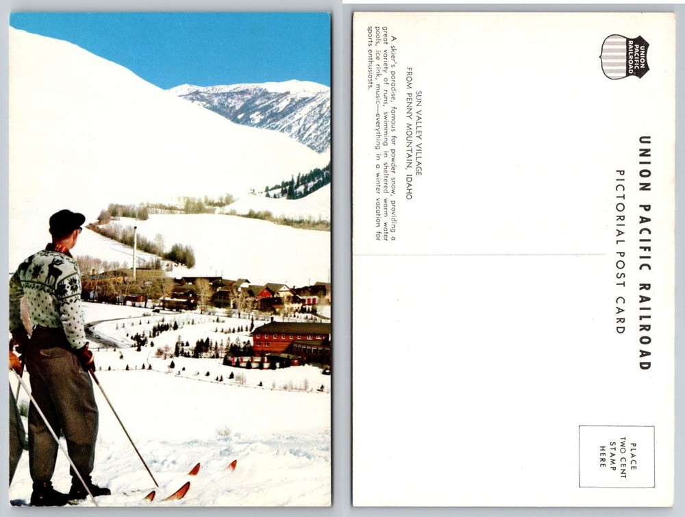 Vtg Sun Valley Idaho Ski Resort Postcard Union Pacific Railroad Penny Mtn Skier
