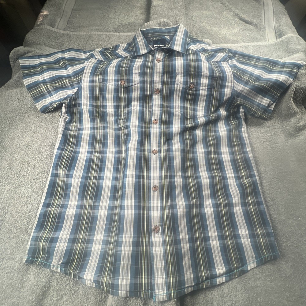 PrAna Shirt Men’s XL Blue Plaid Short Sleeve Button Up Hiking Outdoor