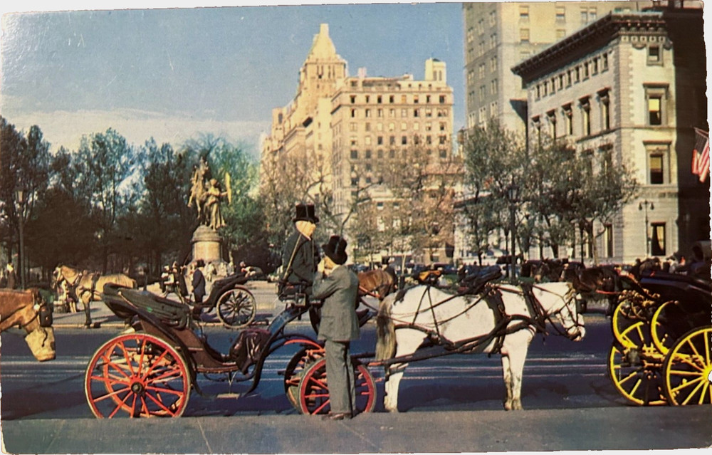 Vintage postcard: Horsedrawn carriages on 59th St, NYC, across from Central Park