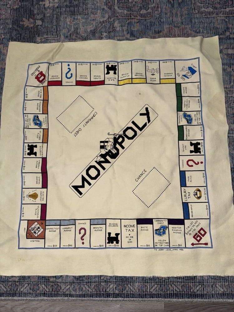 VTG MONOPOLY  GAME BOARD COMPLETED~NEEDLEPOINT WALL ART 1986- 29x29in READ