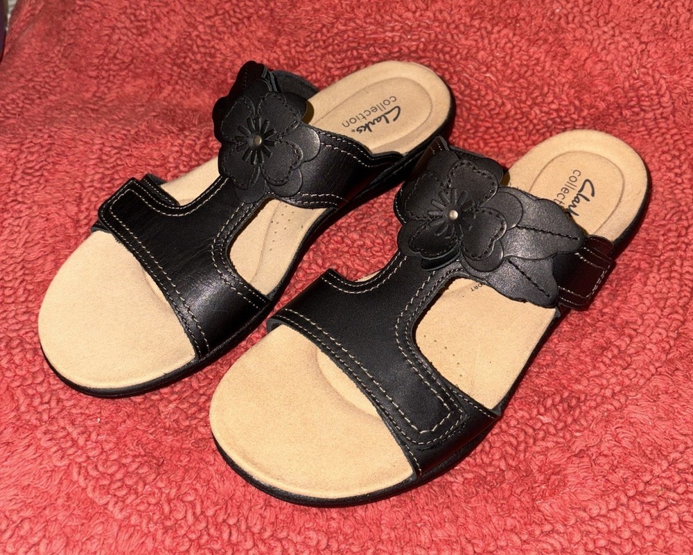 Clarks Laurieann Madi Floral Slide Sandals Size 10 Black Straps