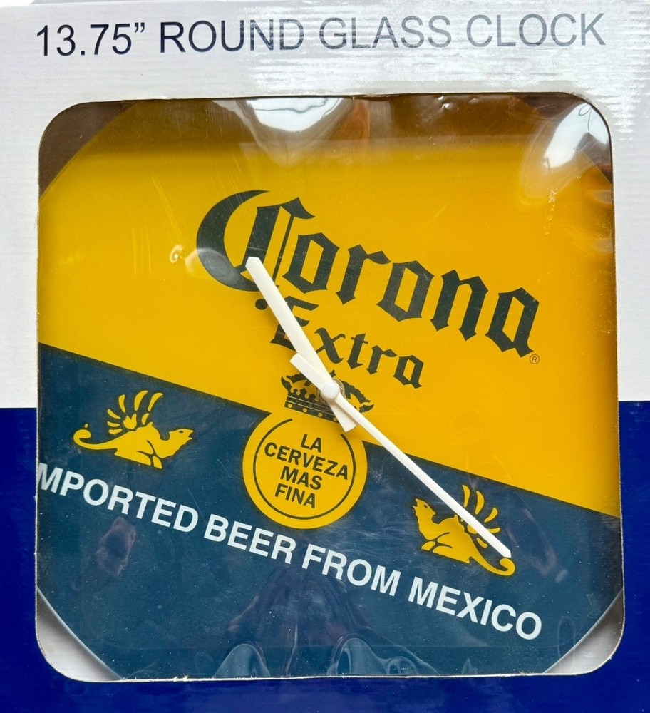 New in box Corona Extra Beer/Cerveza Pub Bar Clock 13.75” Round Glass Wall Clock
