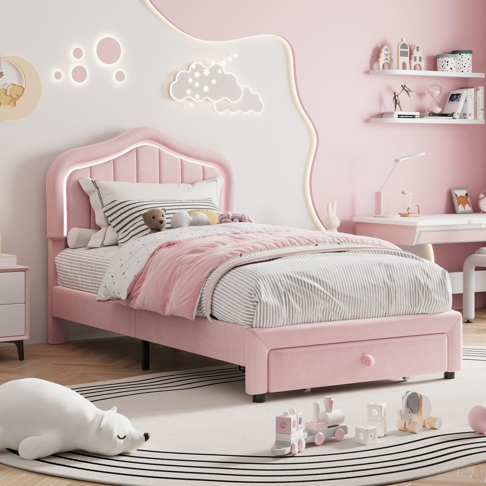 Twin Upholstered Bed Frame with Storage Drawer & LED Headboard for Kids/Girls