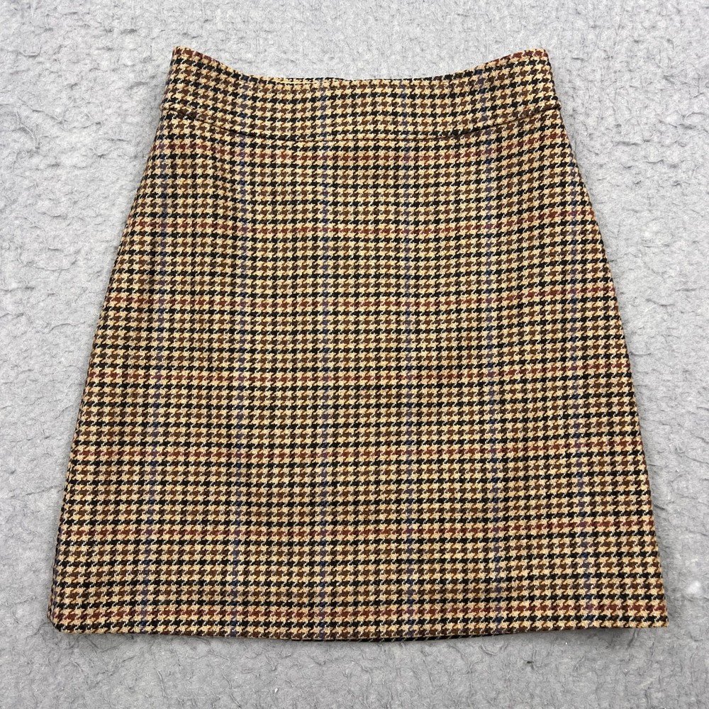 J Crew Mini Skirt Womens 00 Brown Wool Houndstooth A-Line Pencil Preppy Winter