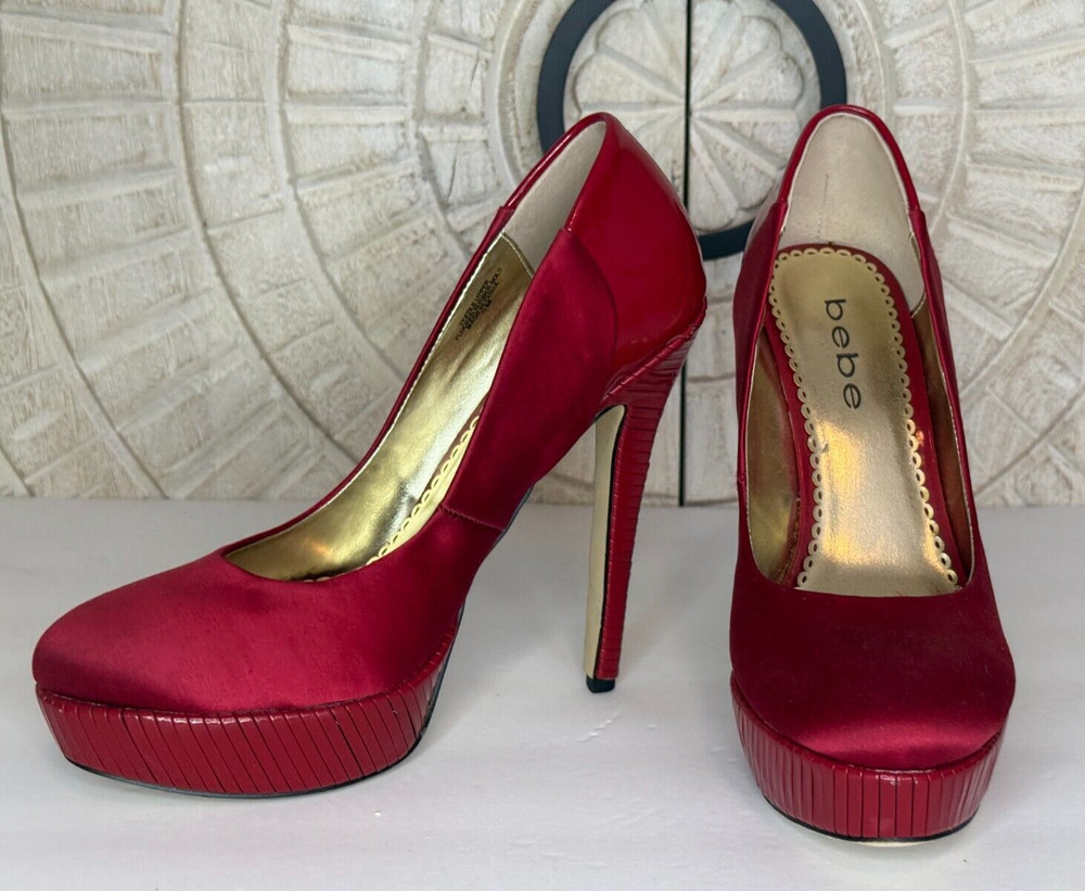 Bebe Womens Red Vinyl  Satin Platform Pumps Super High Heels Stiletto Size 8M