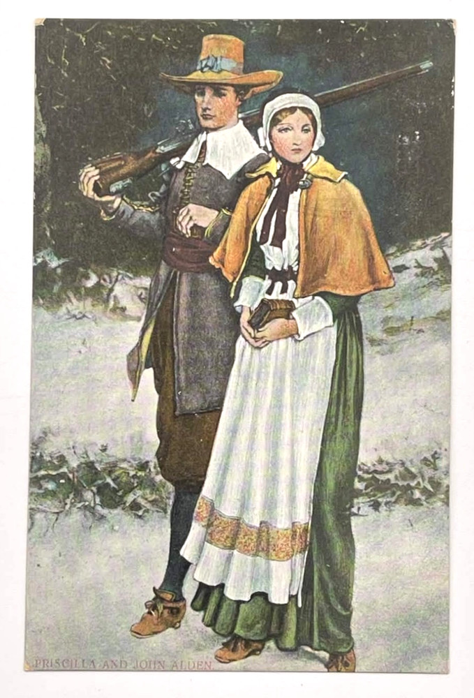 Priscilla & John Alden Pilgrims Colonial Costume Art Postcard