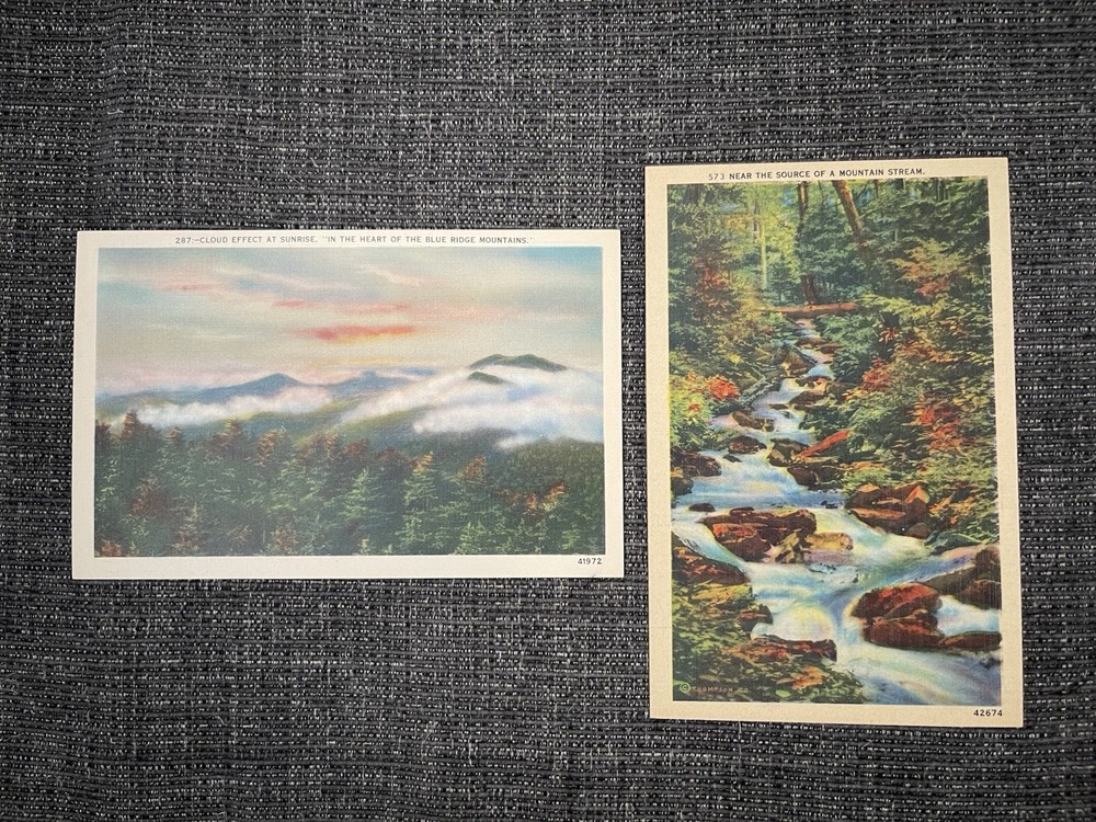 Linen Postcards Blue Ridge Mountains~ Cloud Effect At Sunrise & Mountain Stream
