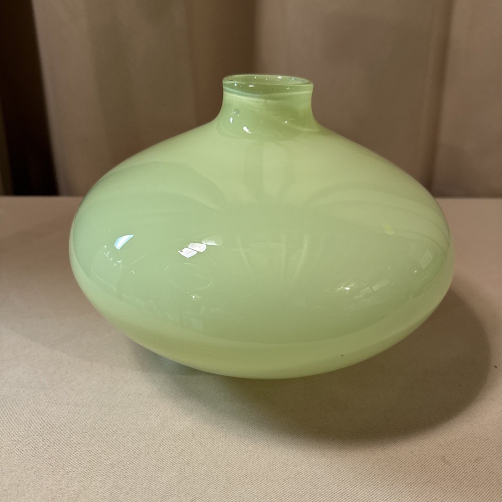 Crate Barrel Glass Opalin Vase Kiwi Green Yellow Hand Blown Made in Poland